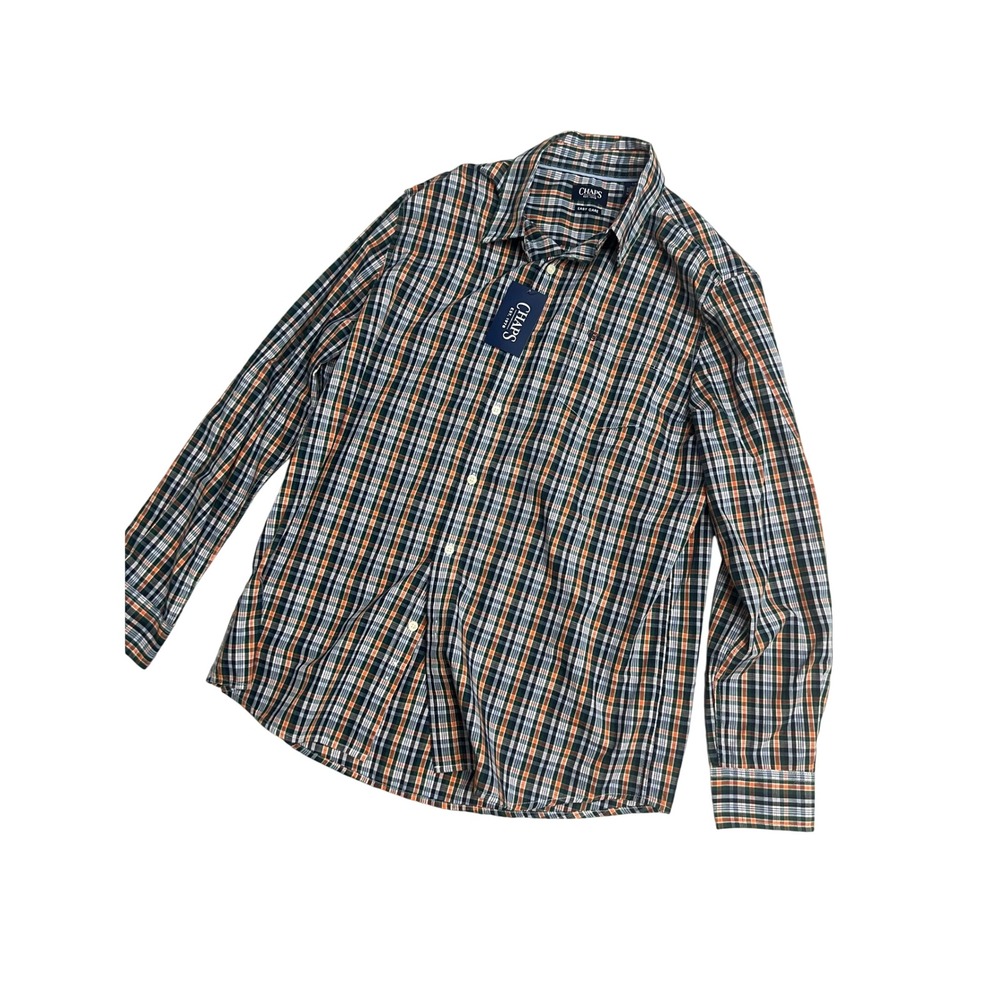 Chaps Shirt Mens Sz L Long Sleeve Button Down Plaid Navy Orange Easy Care Pocket